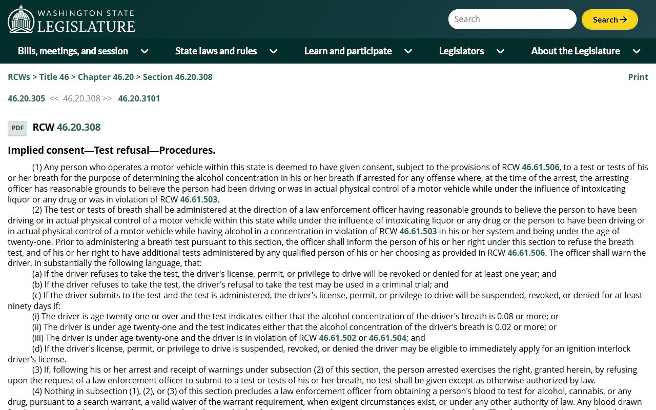 Washington DUI Records - RCW 46.20.308 Implied Consent Law