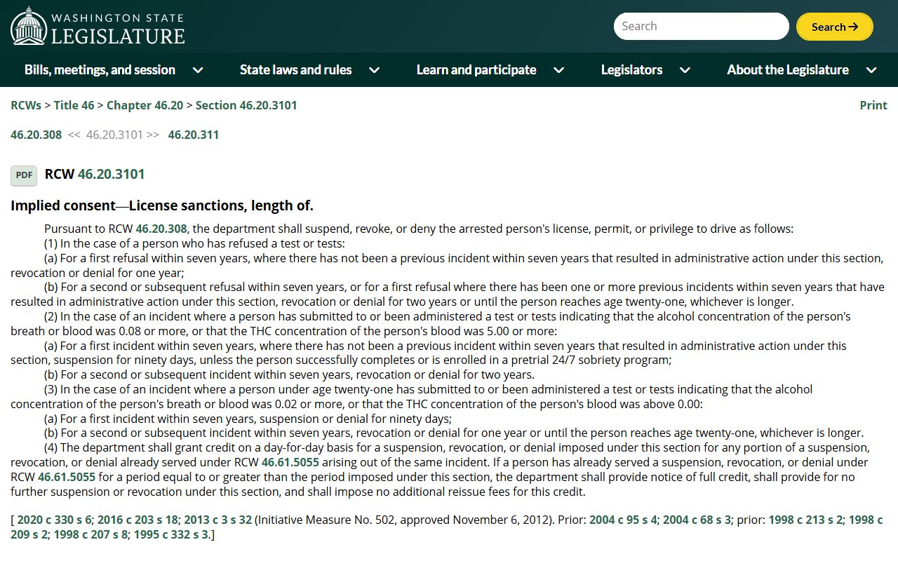 Washington DUI Records - RCW 46.20.3101 Administrative License Sanctions