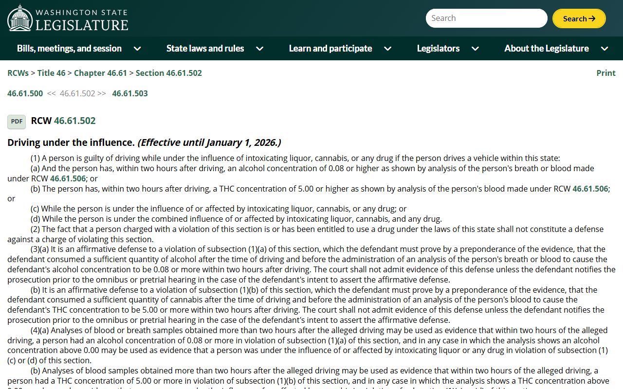 Washington DUI Records - RCW 46.61.502 Primary DUI Statute