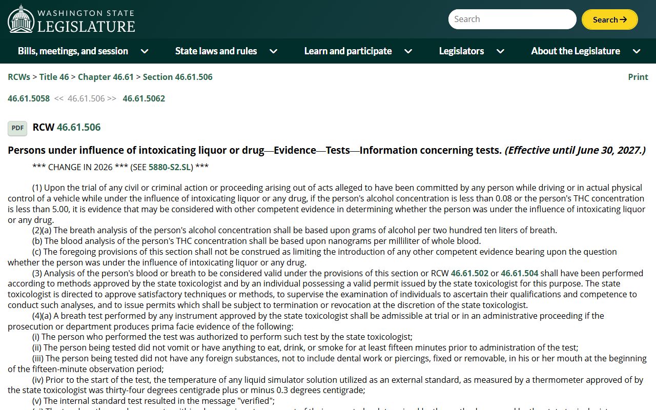 Washington DUI Records - RCW 46.61.506 Testing Procedures