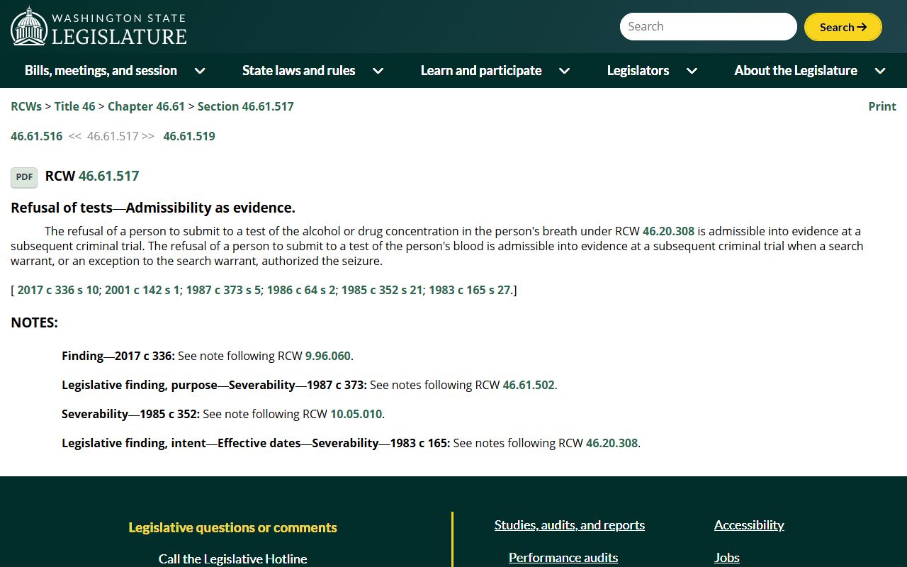Washington DUI Records - RCW 46.61.517 Refusal Admissibility